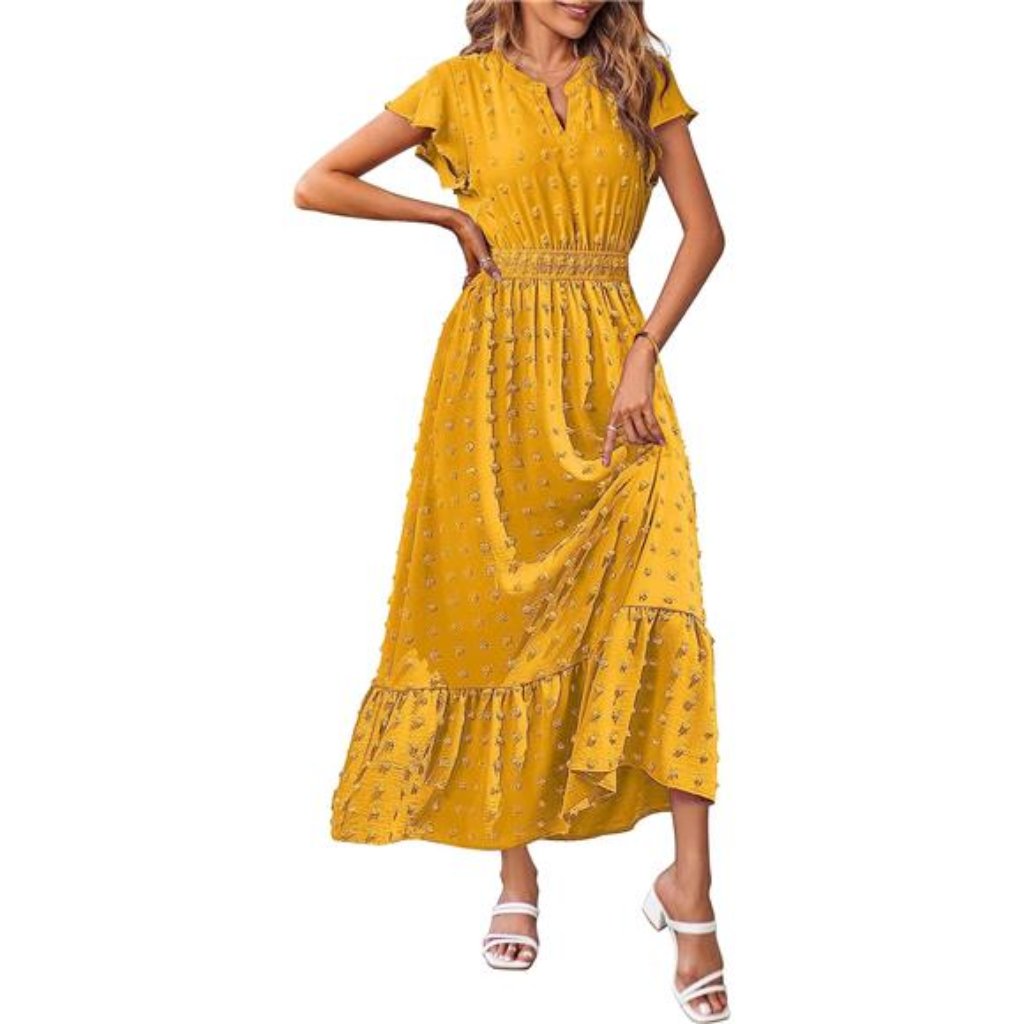 Women Flutter Short Sleeve V Neck Swiss Dot Smocked A Line Tiered Maxi Dresses